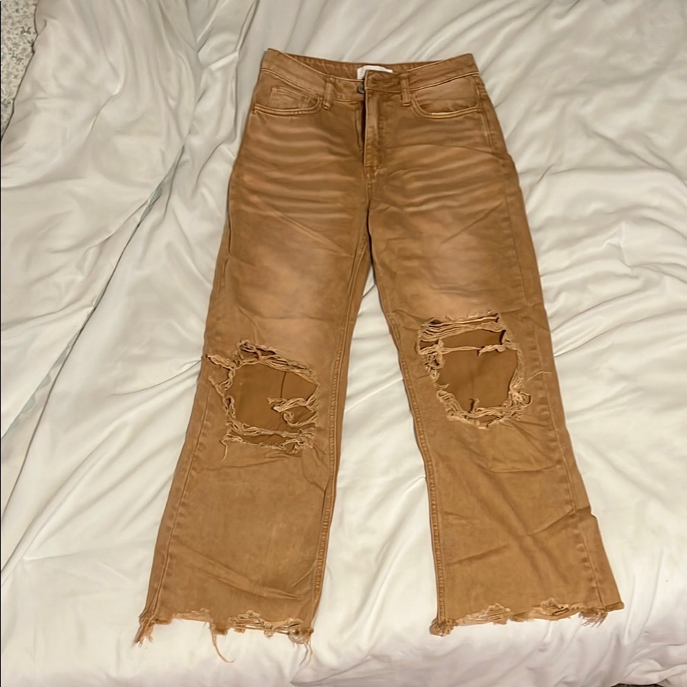 Tan Flare Wide Leg Distressed Jeans